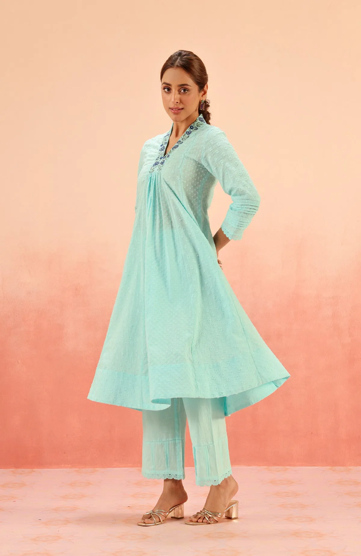 SUMANA BLUE COTTON SLUB JACQUARD KURTA SET
