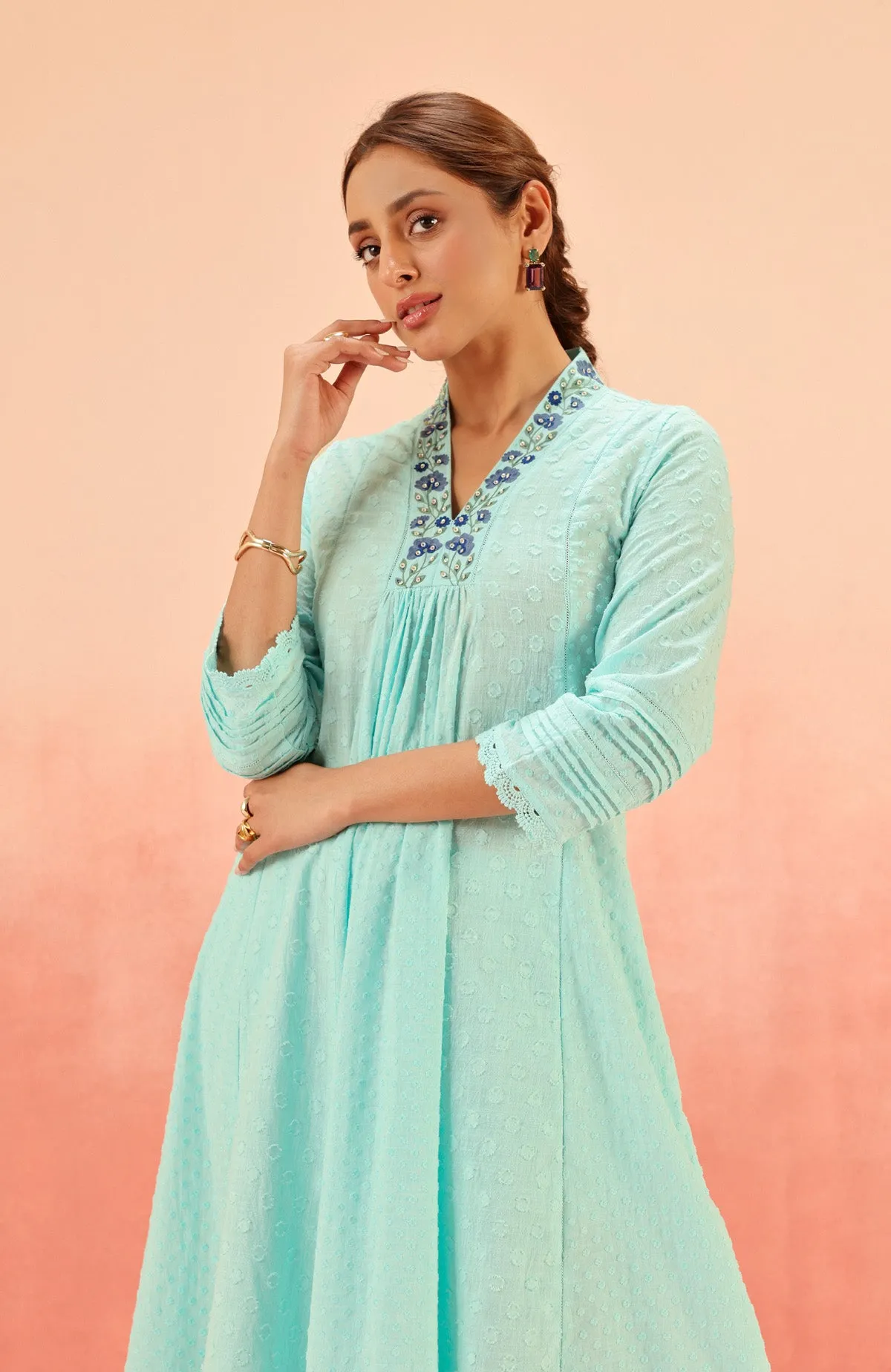 SUMANA BLUE COTTON SLUB JACQUARD KURTA SET