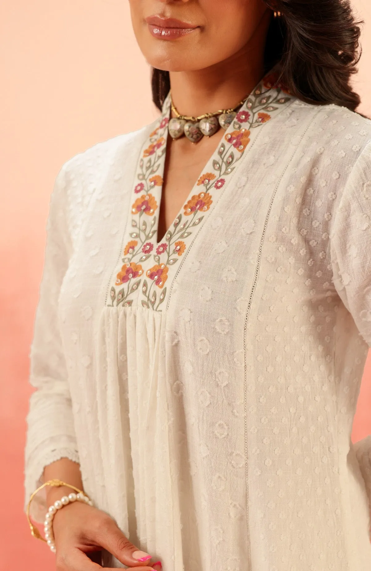 SUMANA WHITE COTTON SLUB JACQUARD KURTA SET 