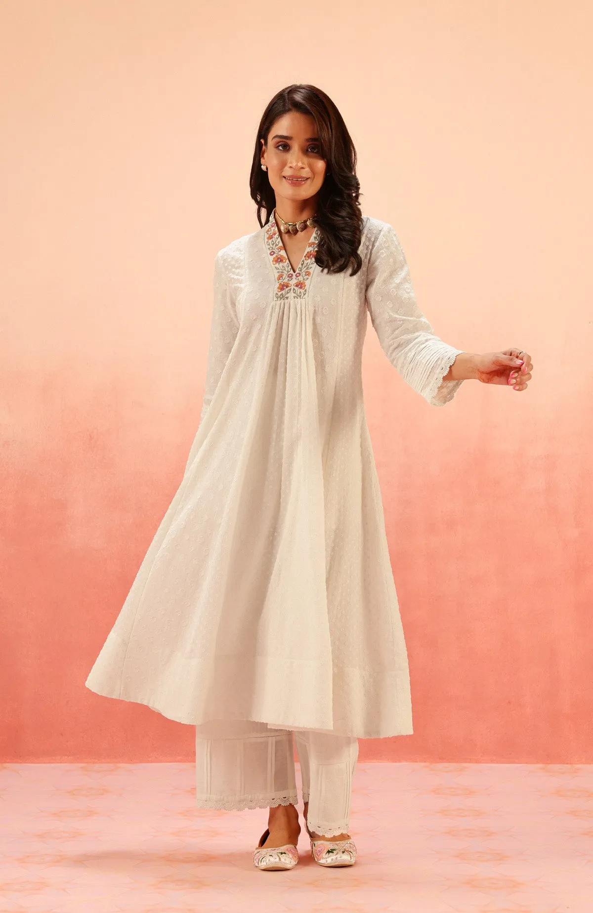 SUMANA WHITE COTTON SLUB JACQUARD KURTA SET 