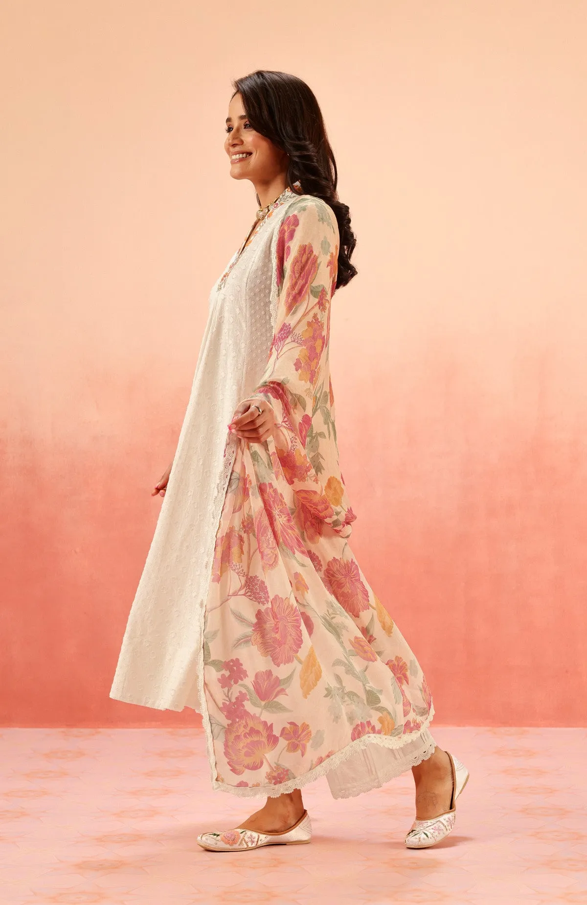SUMANA WHITE COTTON SLUB JACQUARD KURTA SET 