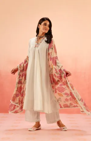 SUMANA WHITE COTTON SLUB JACQUARD KURTA SET 