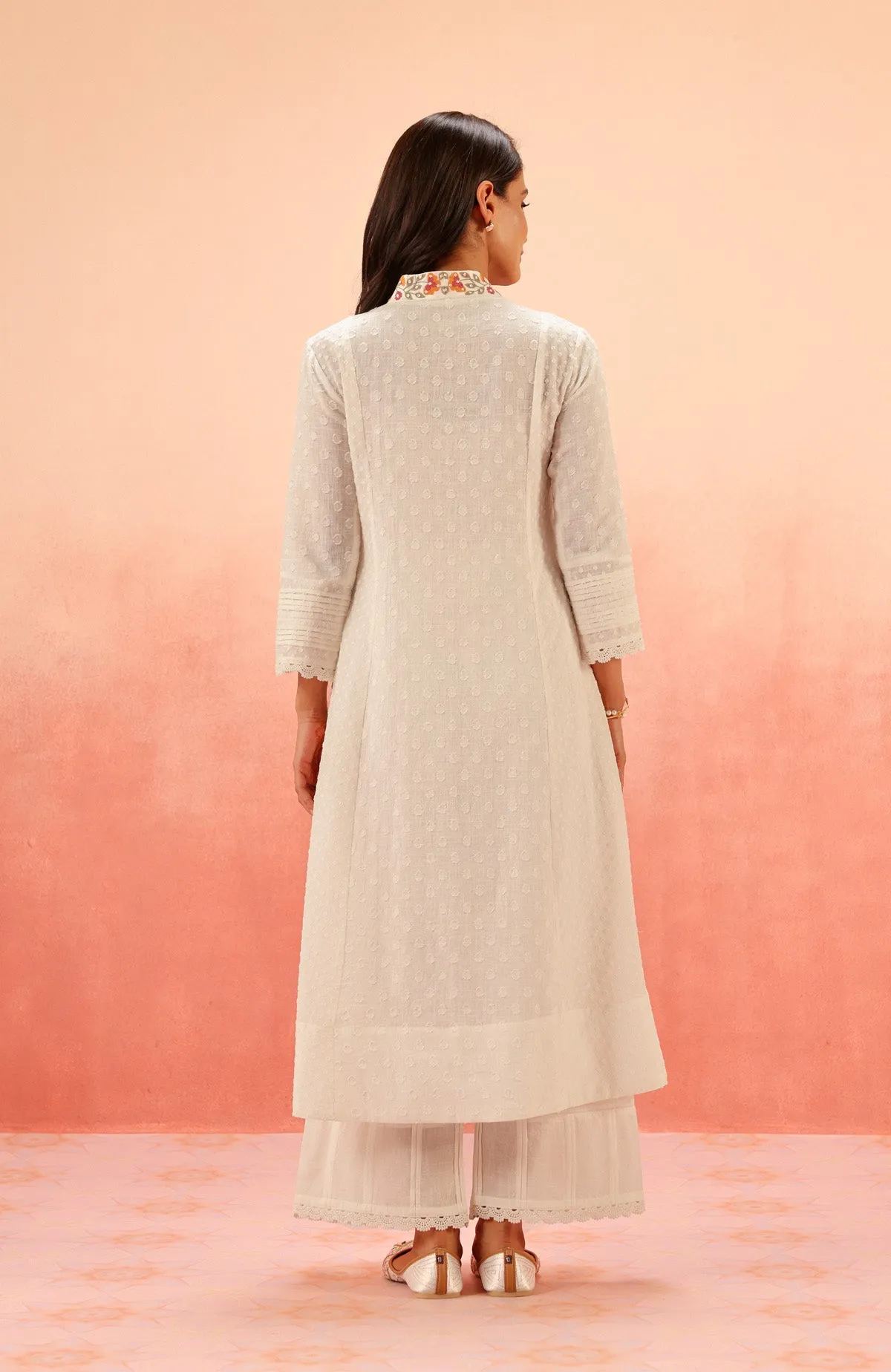 SUMANA WHITE COTTON SLUB JACQUARD KURTA SET 