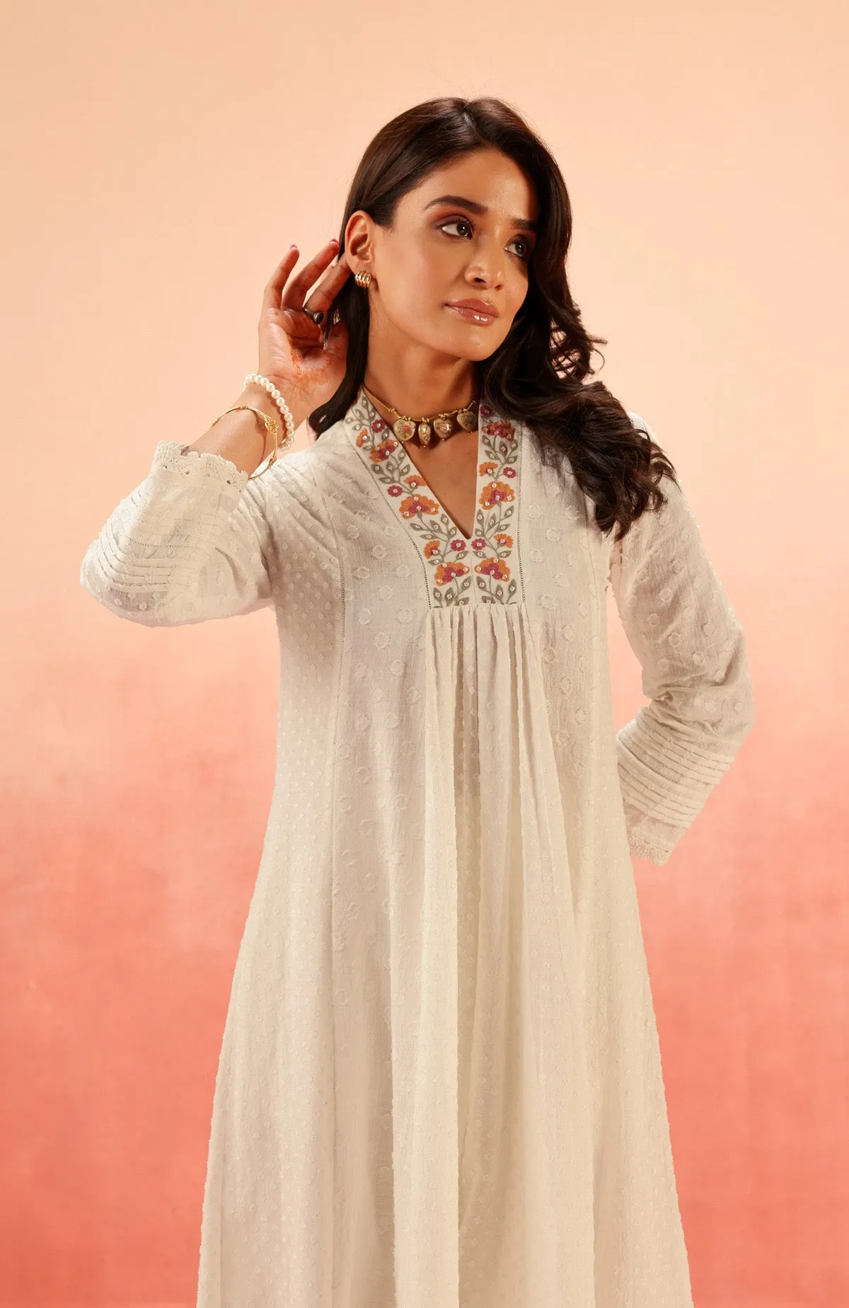 SUMANA WHITE COTTON SLUB JACQUARD KURTA SET 