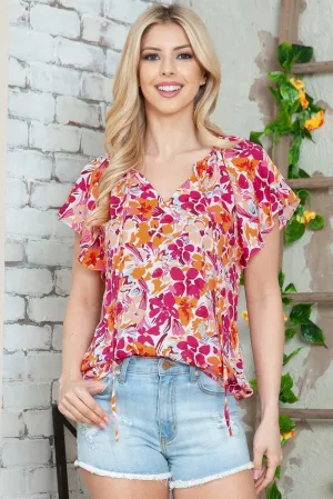 Summer Fresh Floral Flutter Sleeve Blouse