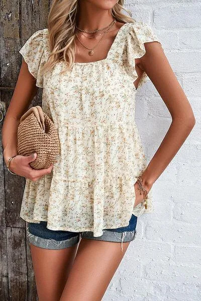 Summer Fresh Flutter Sleeve Square Neck Blouse