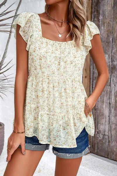 Summer Fresh Flutter Sleeve Square Neck Blouse
