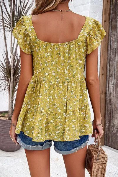 Summer Fresh Flutter Sleeve Square Neck Blouse
