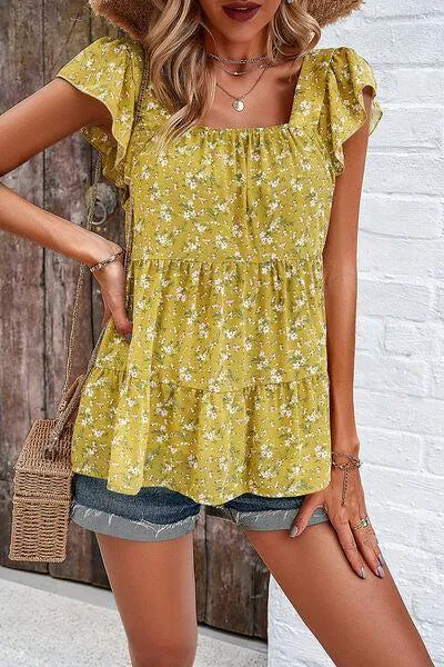 Summer Fresh Flutter Sleeve Square Neck Blouse