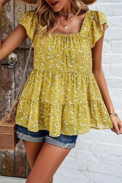 Summer Fresh Flutter Sleeve Square Neck Blouse