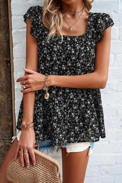Summer Fresh Flutter Sleeve Square Neck Blouse