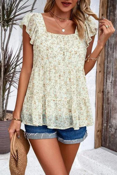 Summer Fresh Flutter Sleeve Square Neck Blouse