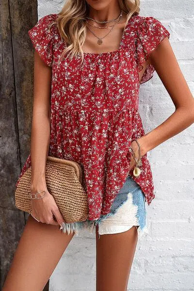 Summer Fresh Flutter Sleeve Square Neck Blouse