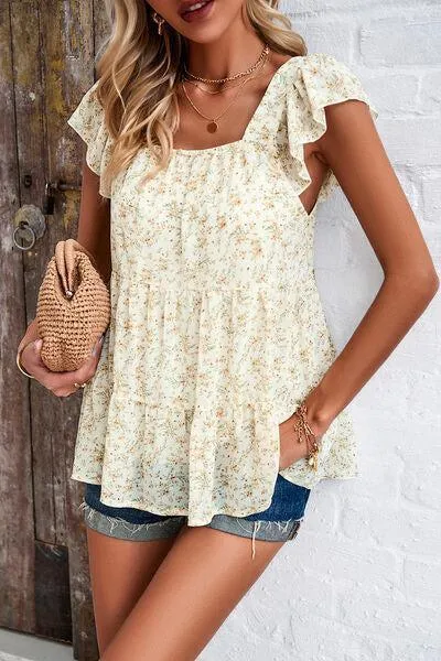 Summer Fresh Flutter Sleeve Square Neck Blouse