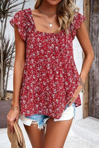Summer Fresh Flutter Sleeve Square Neck Blouse
