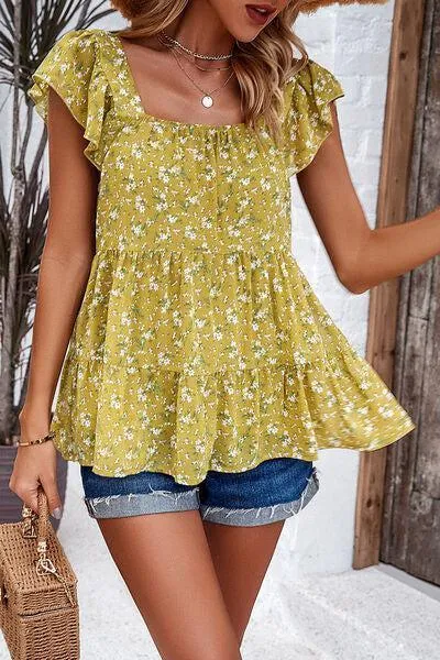 Summer Fresh Flutter Sleeve Square Neck Blouse