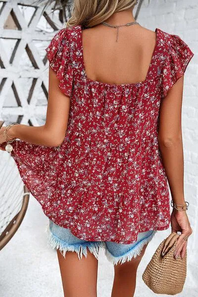 Summer Fresh Flutter Sleeve Square Neck Blouse