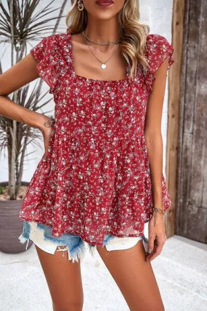 Summer Fresh Flutter Sleeve Square Neck Blouse