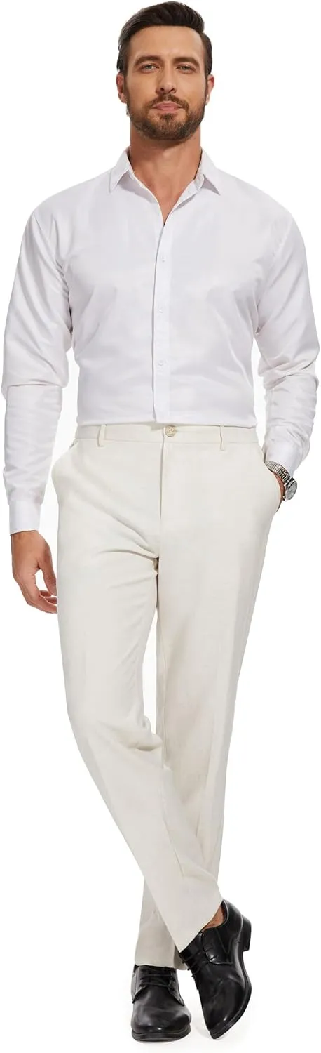 Tapata Men's Linen Casual Dress Pants Lightweight Elastic Waist Slacks Straight Leg Regular Fit Trousers for Work Business
