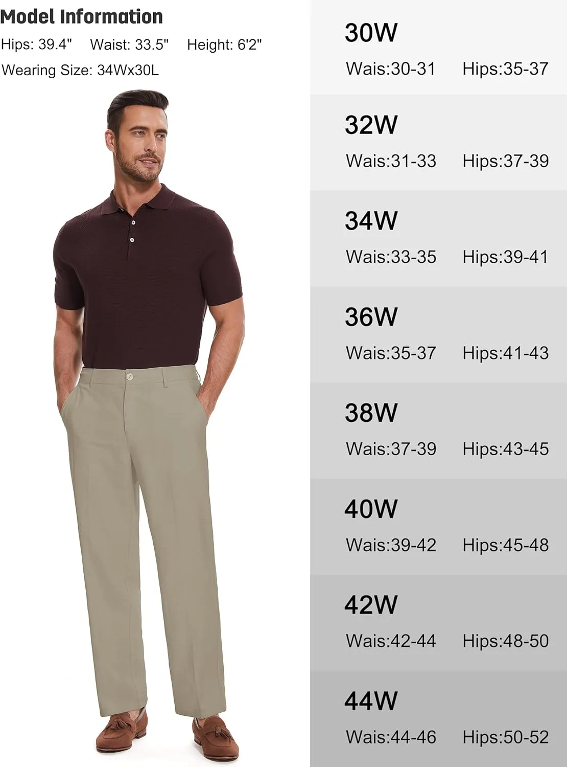 Tapata Men's Linen Casual Dress Pants Lightweight Elastic Waist Slacks Straight Leg Regular Fit Trousers for Work Business