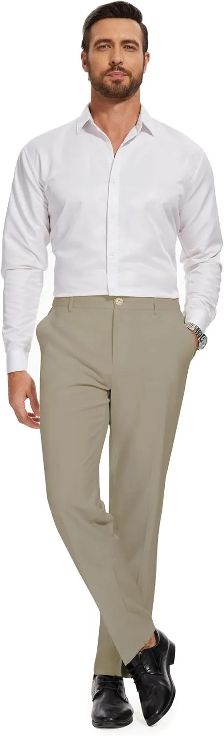 Tapata Men's Linen Casual Dress Pants Lightweight Elastic Waist Slacks Straight Leg Regular Fit Trousers for Work Business