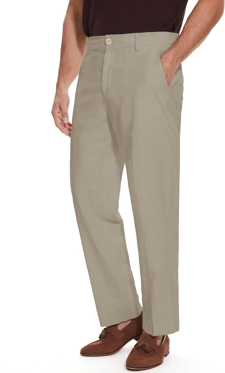 Tapata Men's Linen Casual Dress Pants Lightweight Elastic Waist Slacks Straight Leg Regular Fit Trousers for Work Business