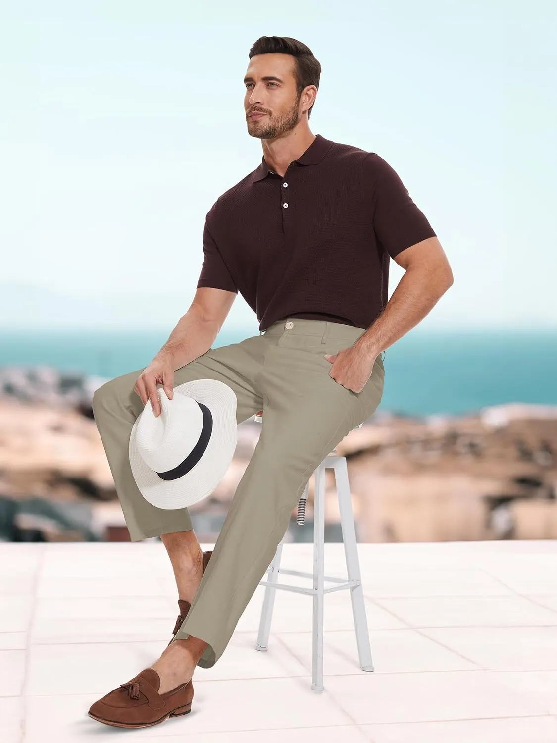 Tapata Men's Linen Casual Dress Pants Lightweight Elastic Waist Slacks Straight Leg Regular Fit Trousers for Work Business