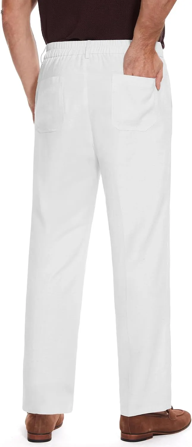 Tapata Men's Linen Casual Dress Pants Lightweight Elastic Waist Slacks Straight Leg Regular Fit Trousers for Work Business