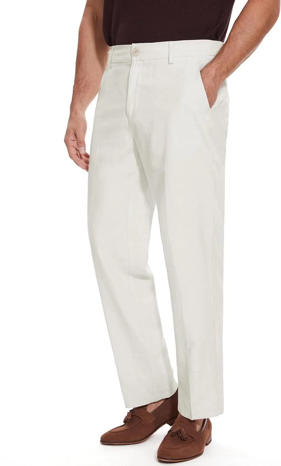 Tapata Men's Linen Casual Dress Pants Lightweight Elastic Waist Slacks Straight Leg Regular Fit Trousers for Work Business