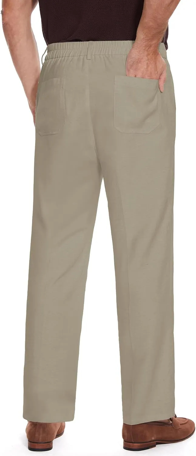 Tapata Men's Linen Casual Dress Pants Lightweight Elastic Waist Slacks Straight Leg Regular Fit Trousers for Work Business