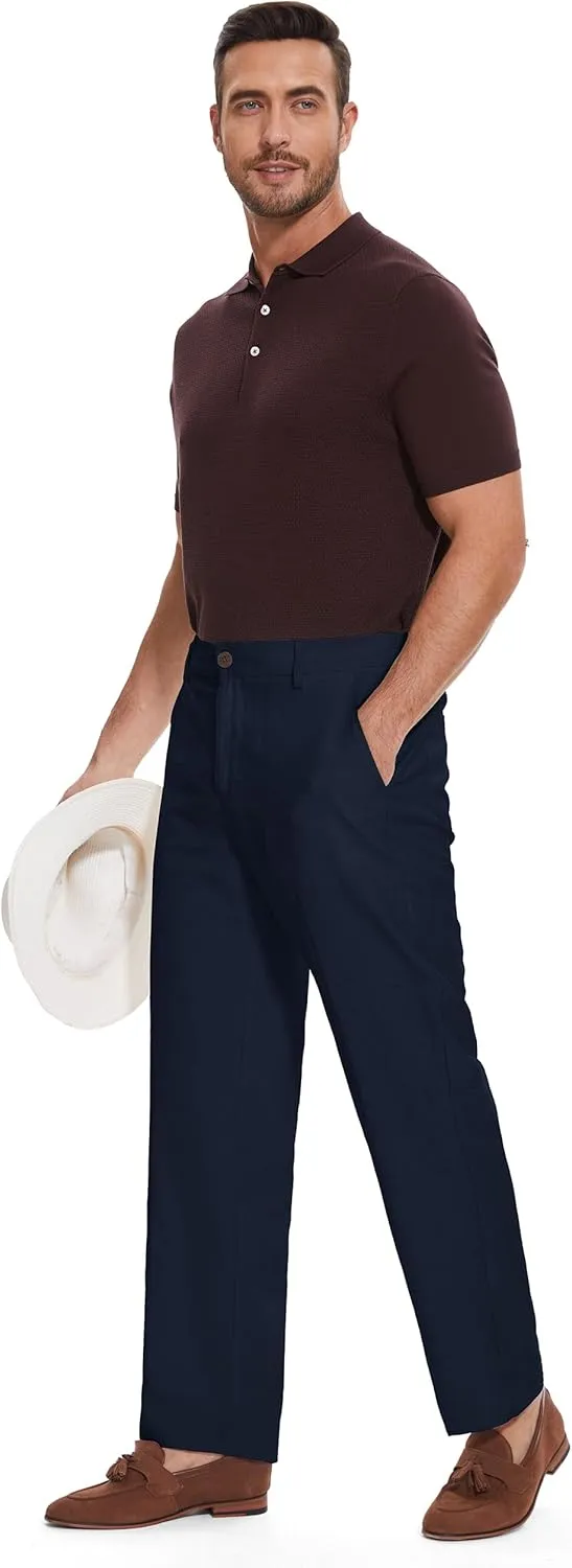 Tapata Men's Linen Casual Dress Pants Lightweight Elastic Waist Slacks Straight Leg Regular Fit Trousers for Work Business