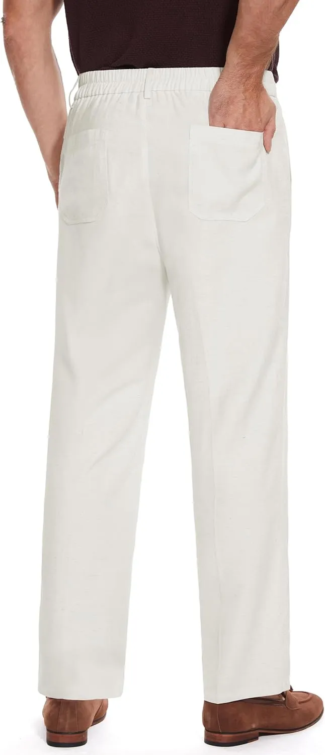 Tapata Men's Linen Casual Dress Pants Lightweight Elastic Waist Slacks Straight Leg Regular Fit Trousers for Work Business