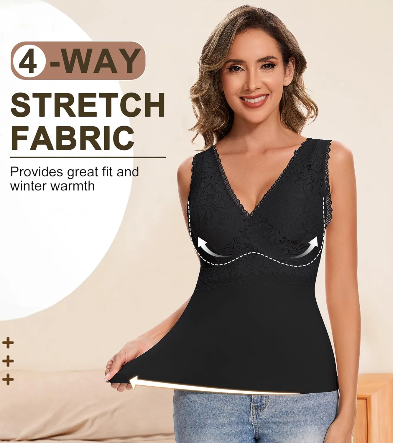 Thermal Tank Top Women Fleece Lined Undershirt V Neck Lace Camisole Tops Warm Base Layer Underwear Cami Vest