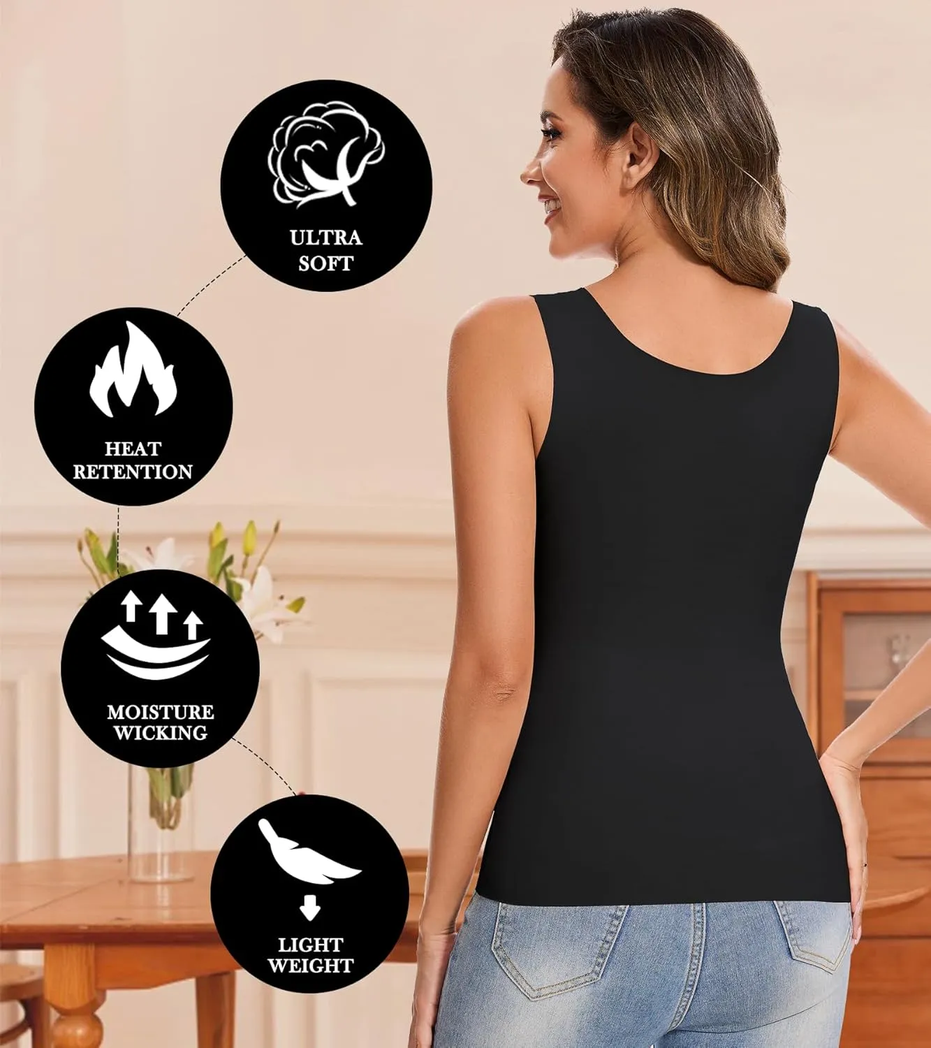 Thermal Tank Top Women Fleece Lined Undershirt V Neck Lace Camisole Tops Warm Base Layer Underwear Cami Vest