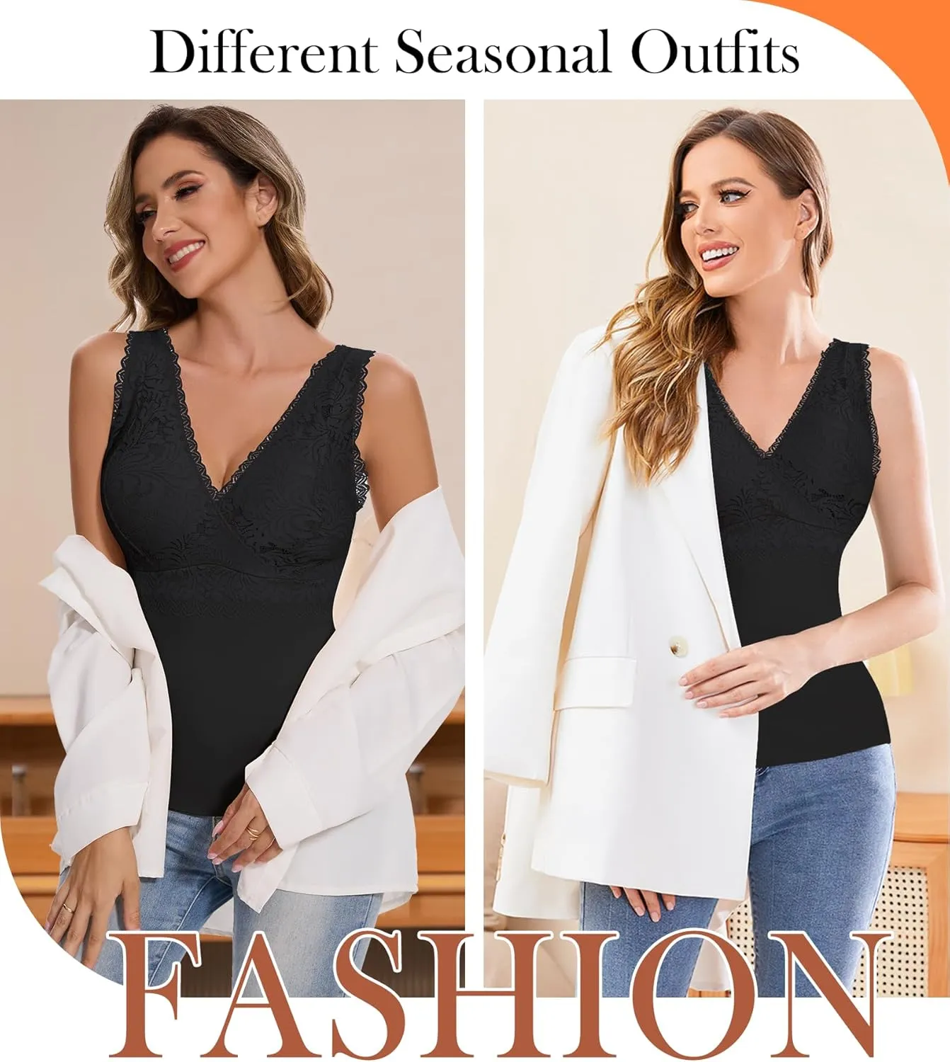 Thermal Tank Top Women Fleece Lined Undershirt V Neck Lace Camisole Tops Warm Base Layer Underwear Cami Vest