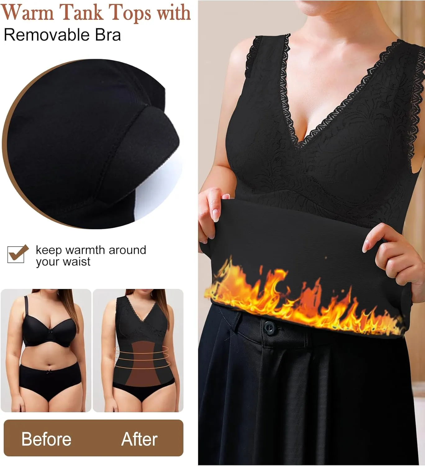 Thermal Tank Top Women Fleece Lined Undershirt V Neck Lace Camisole Tops Warm Base Layer Underwear Cami Vest
