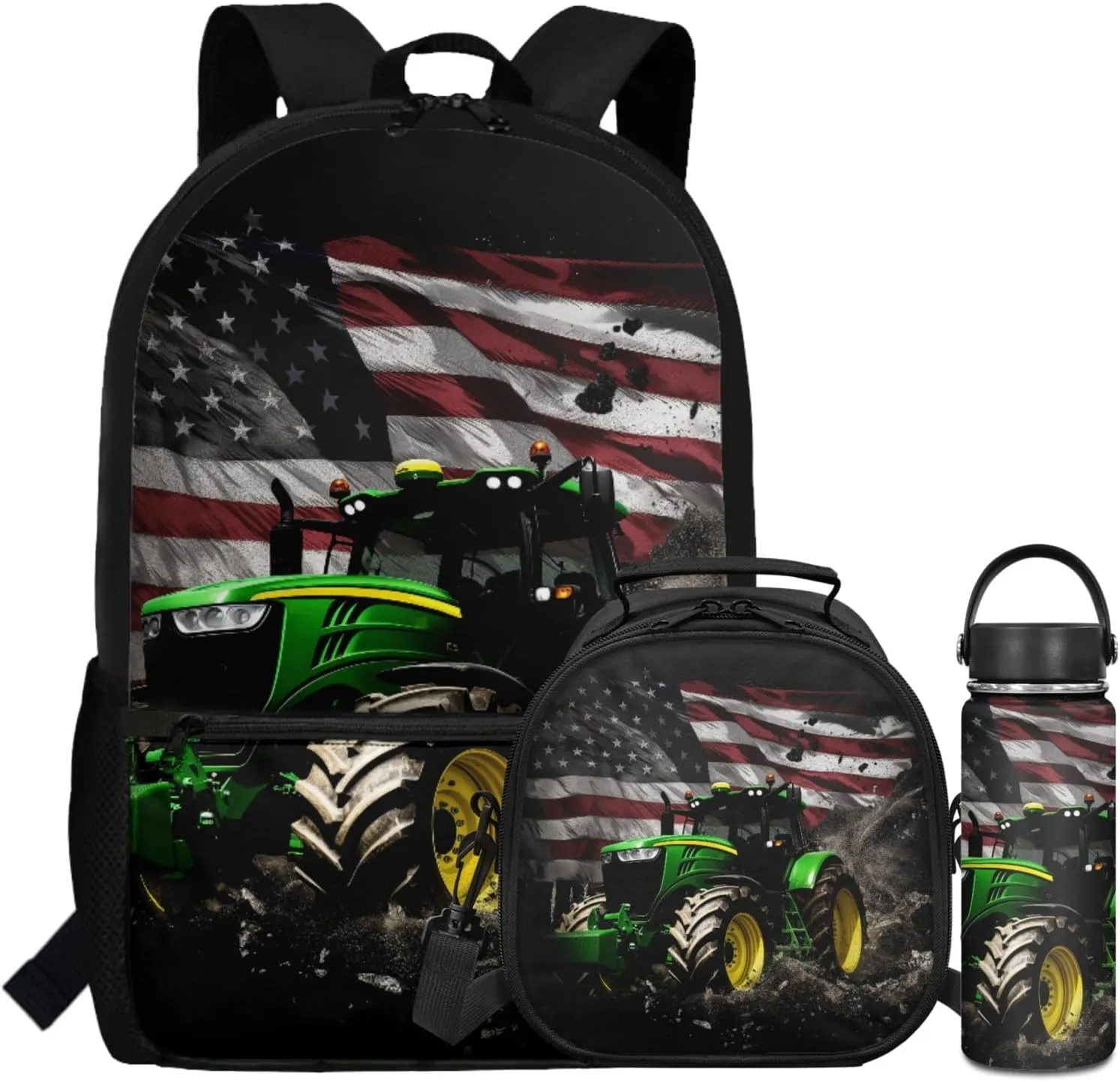 Tractor Boys Backpack with Lunch Box Set,American Flag Bookbag for Elementary Kids 17 Inch Book Bag with Water Bottle for 3-12 Years Children Black School Bags