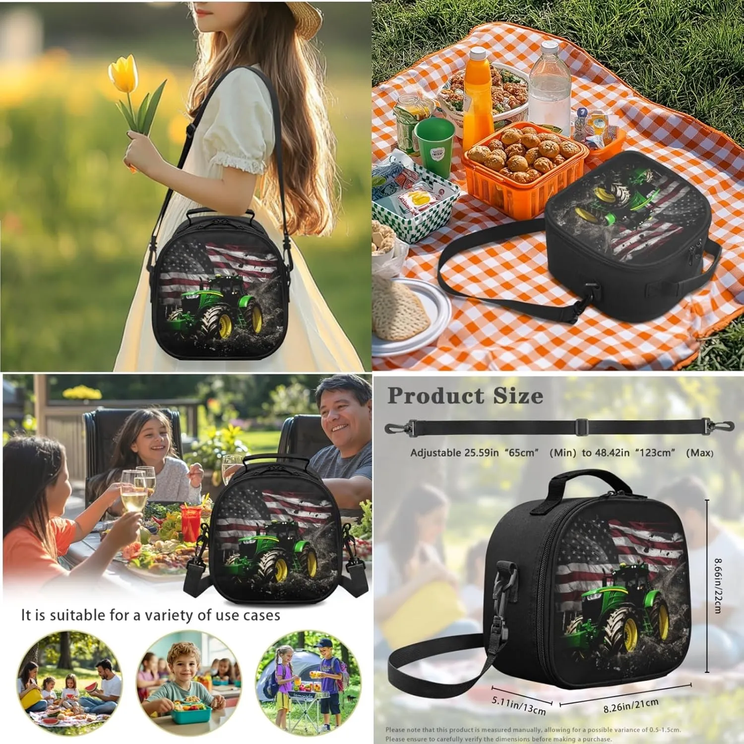 Tractor Boys Backpack with Lunch Box Set,American Flag Bookbag for Elementary Kids 17 Inch Book Bag with Water Bottle for 3-12 Years Children Black School Bags