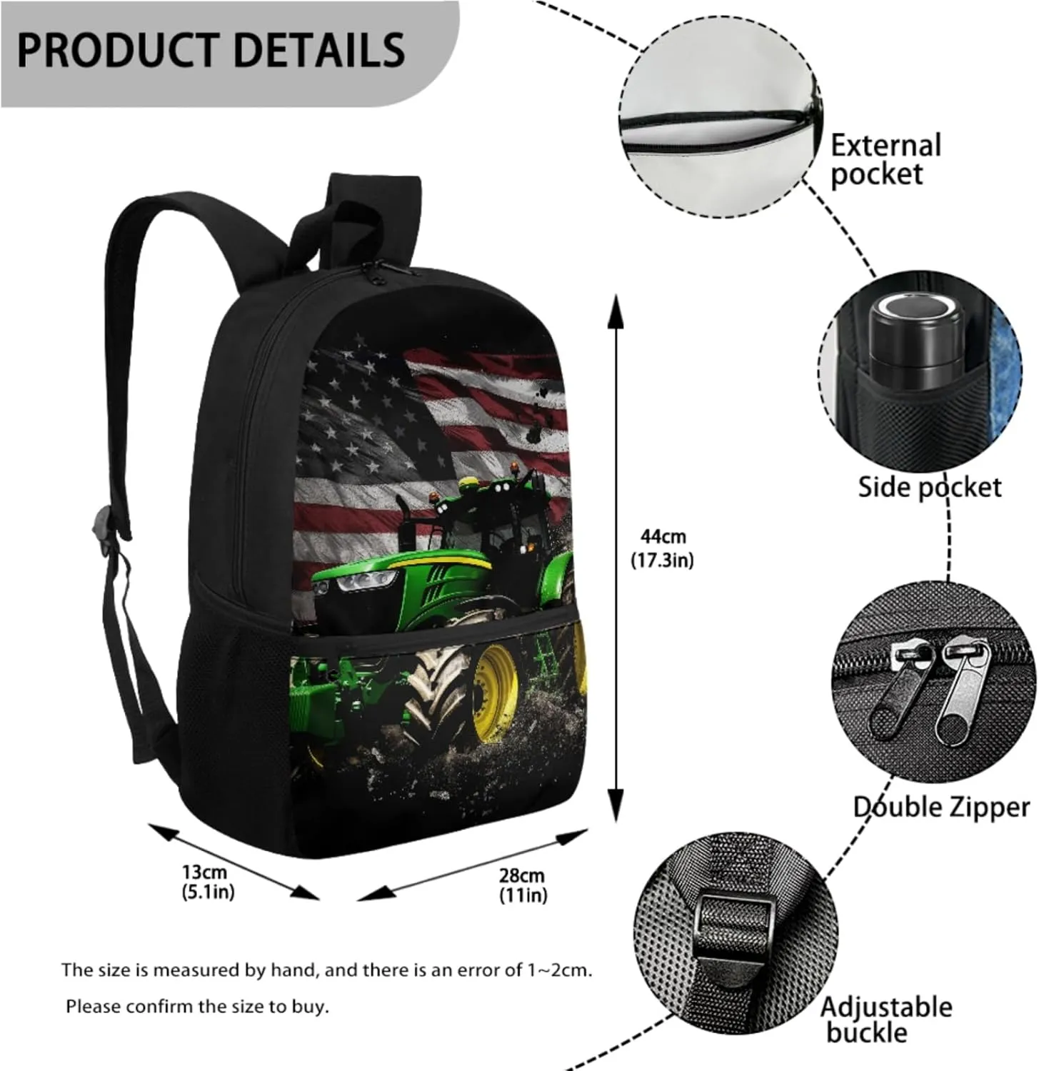 Tractor Boys Backpack with Lunch Box Set,American Flag Bookbag for Elementary Kids 17 Inch Book Bag with Water Bottle for 3-12 Years Children Black School Bags