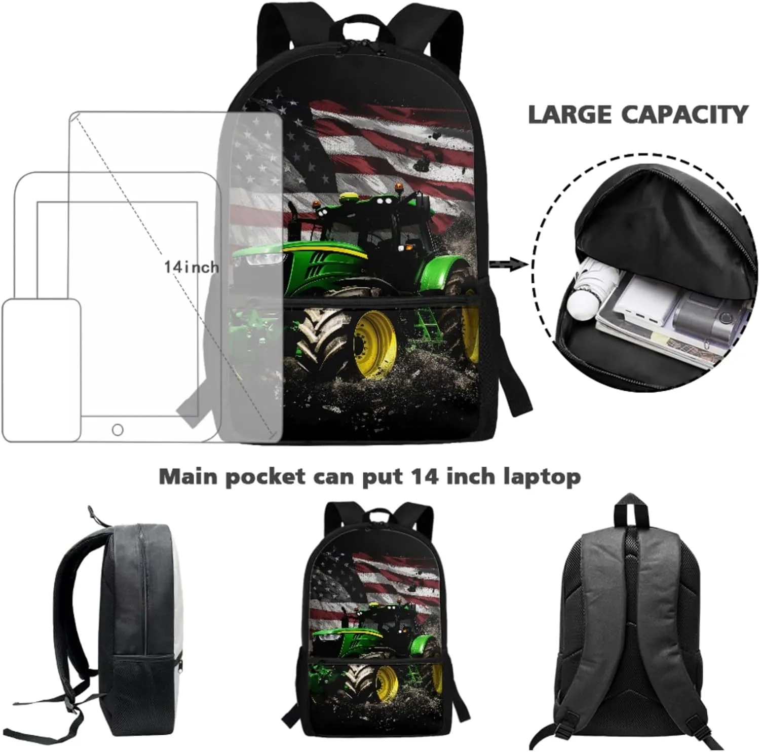 Tractor Boys Backpack with Lunch Box Set,American Flag Bookbag for Elementary Kids 17 Inch Book Bag with Water Bottle for 3-12 Years Children Black School Bags