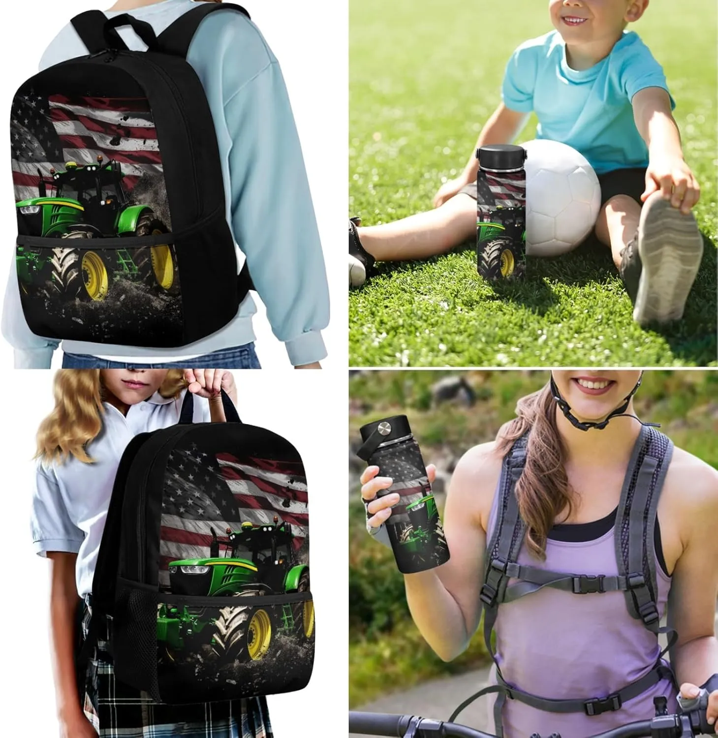 Tractor Boys Backpack with Lunch Box Set,American Flag Bookbag for Elementary Kids 17 Inch Book Bag with Water Bottle for 3-12 Years Children Black School Bags