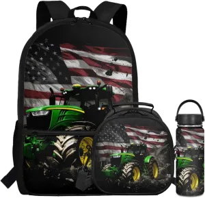 Tractor Boys Backpack with Lunch Box Set,American Flag Bookbag for Elementary Kids 17 Inch Book Bag with Water Bottle for 3-12 Years Children Black School Bags