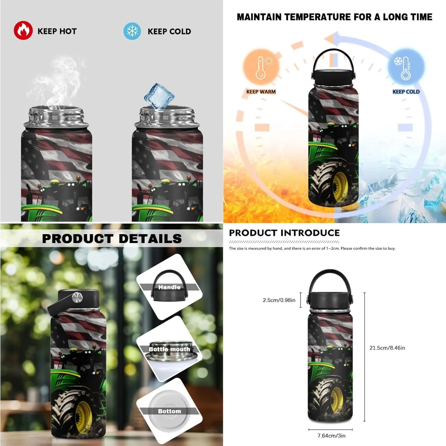 Tractor Boys Backpack with Lunch Box Set,American Flag Bookbag for Elementary Kids 17 Inch Book Bag with Water Bottle for 3-12 Years Children Black School Bags