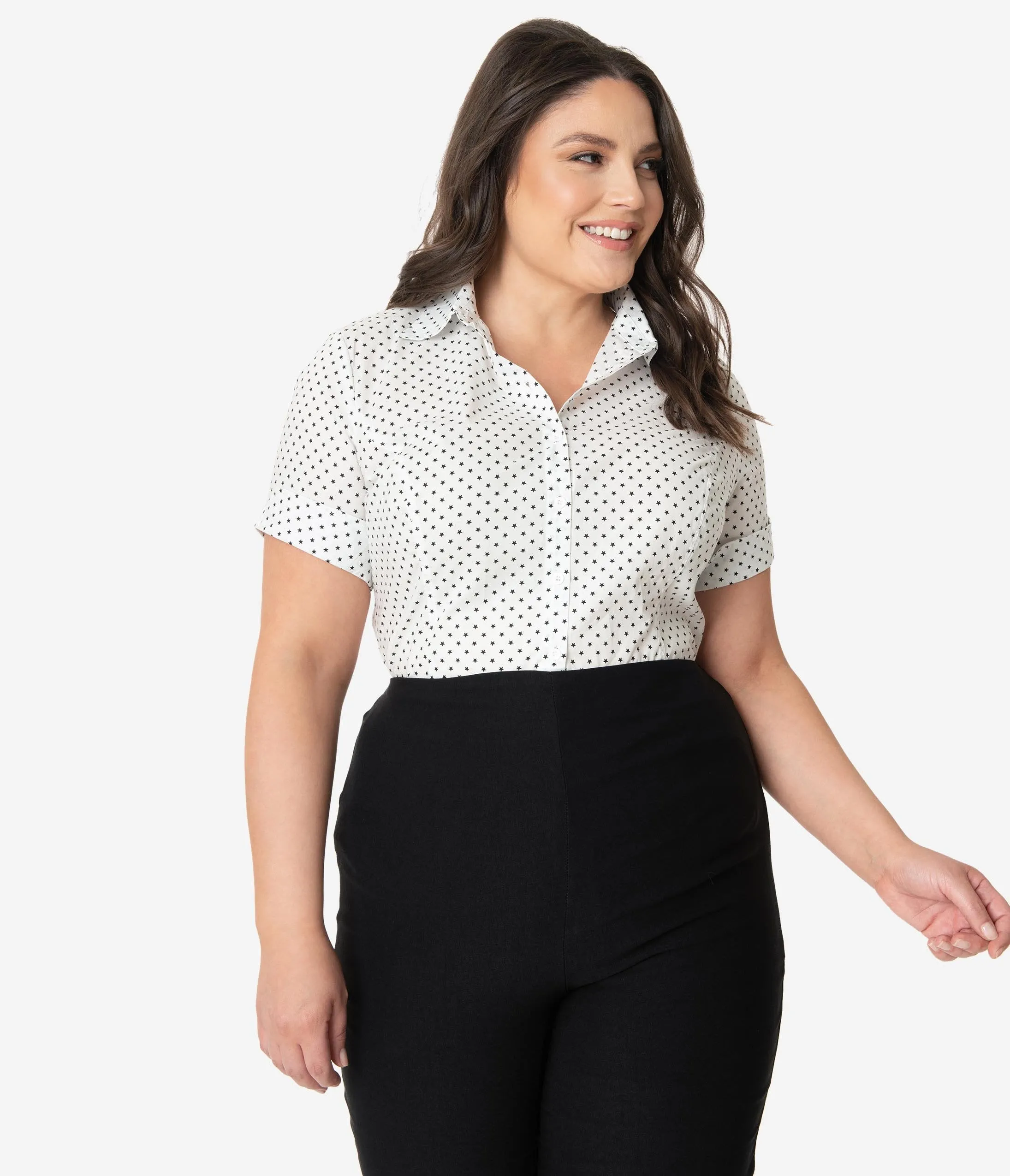 Unique Vintage Plus Size White & Black Stars Mazzie Blouse