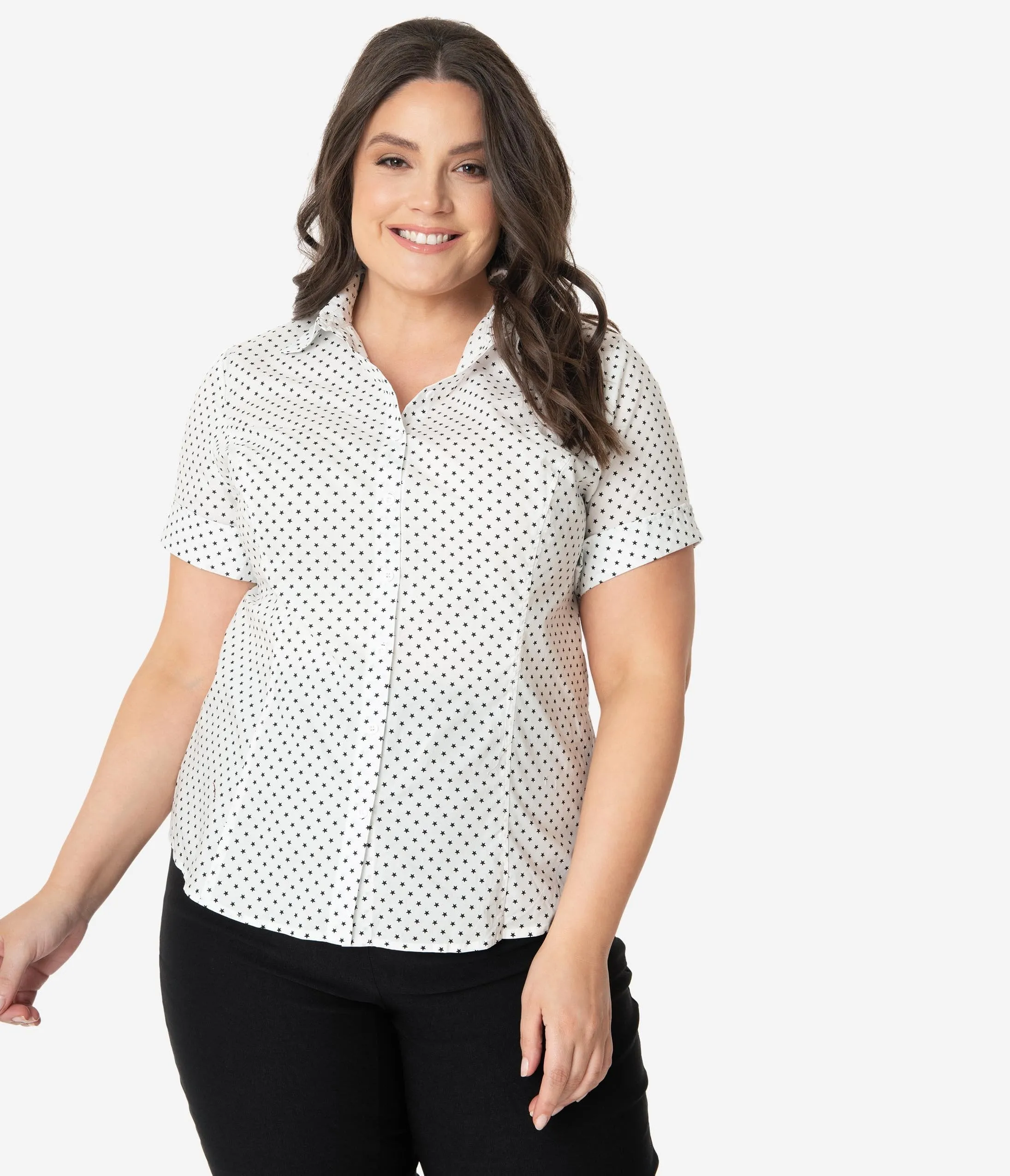 Unique Vintage Plus Size White & Black Stars Mazzie Blouse