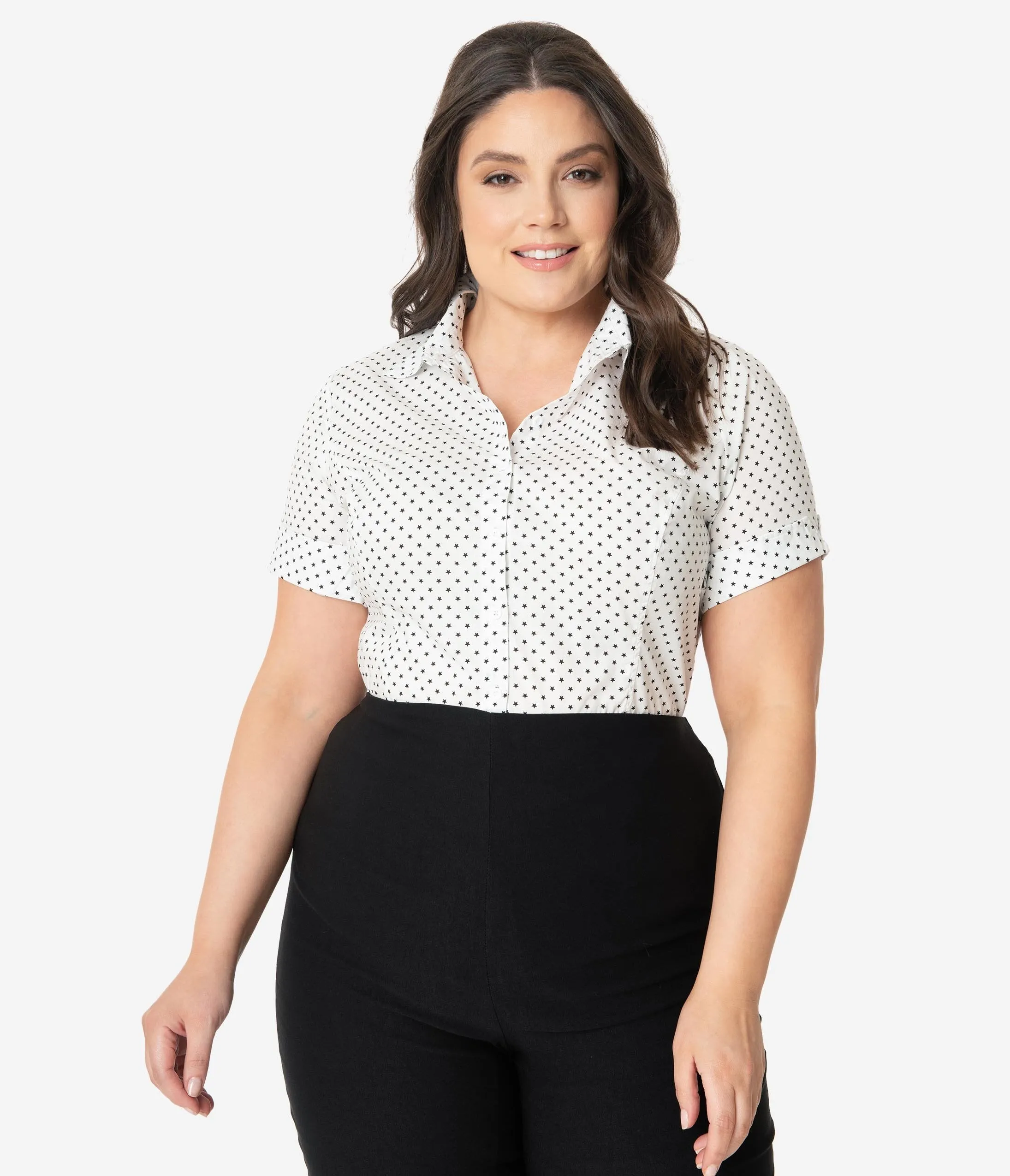 Unique Vintage Plus Size White & Black Stars Mazzie Blouse