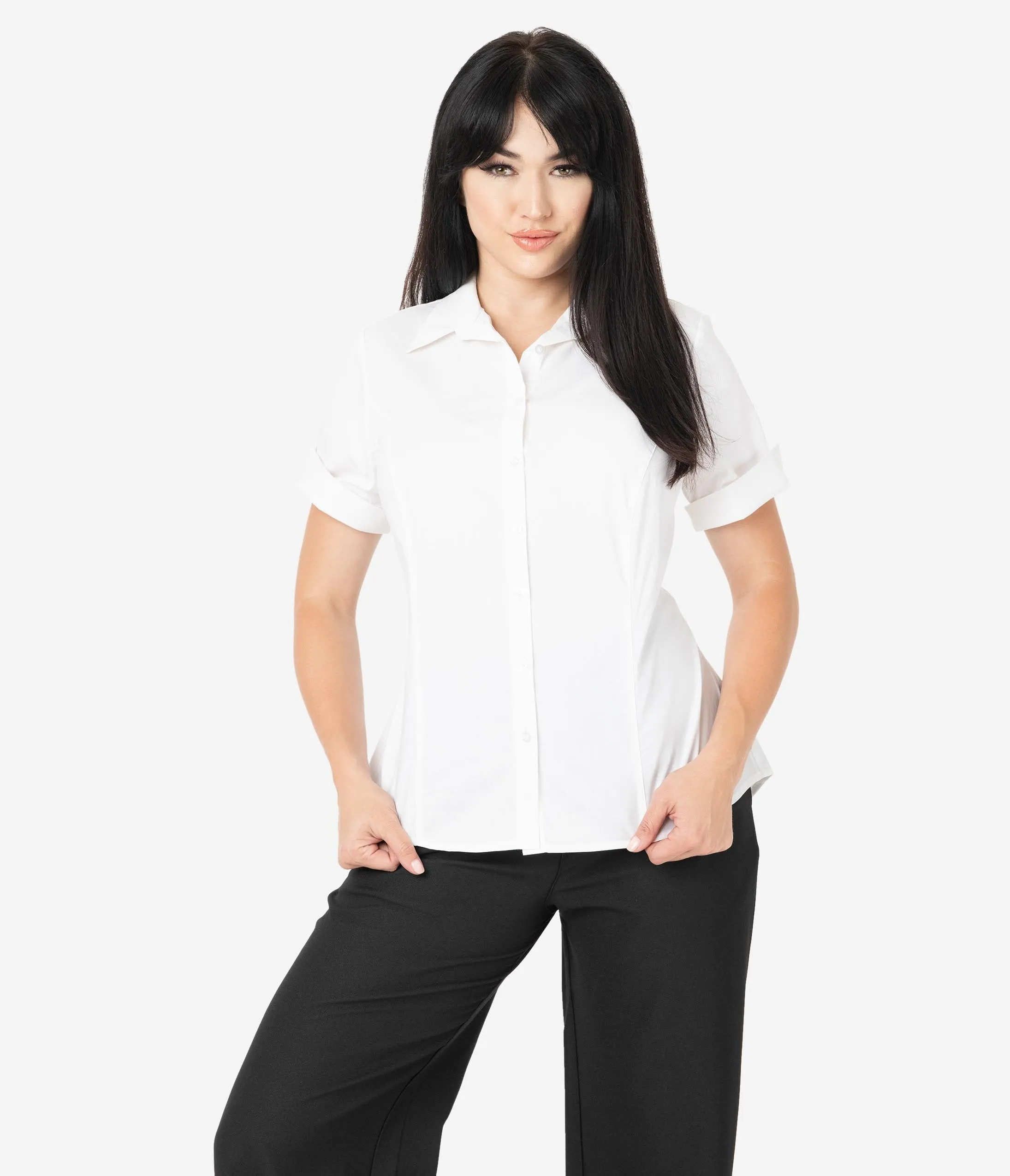 Unique Vintage White Cotton Short Sleeve Button Up Mazzie Blouse