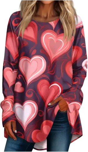 Valentines Day Tshirts Women Long Sleeve Crewneck Loose Fit Heart Tops Soft Comfy Holiday Graphic Tees