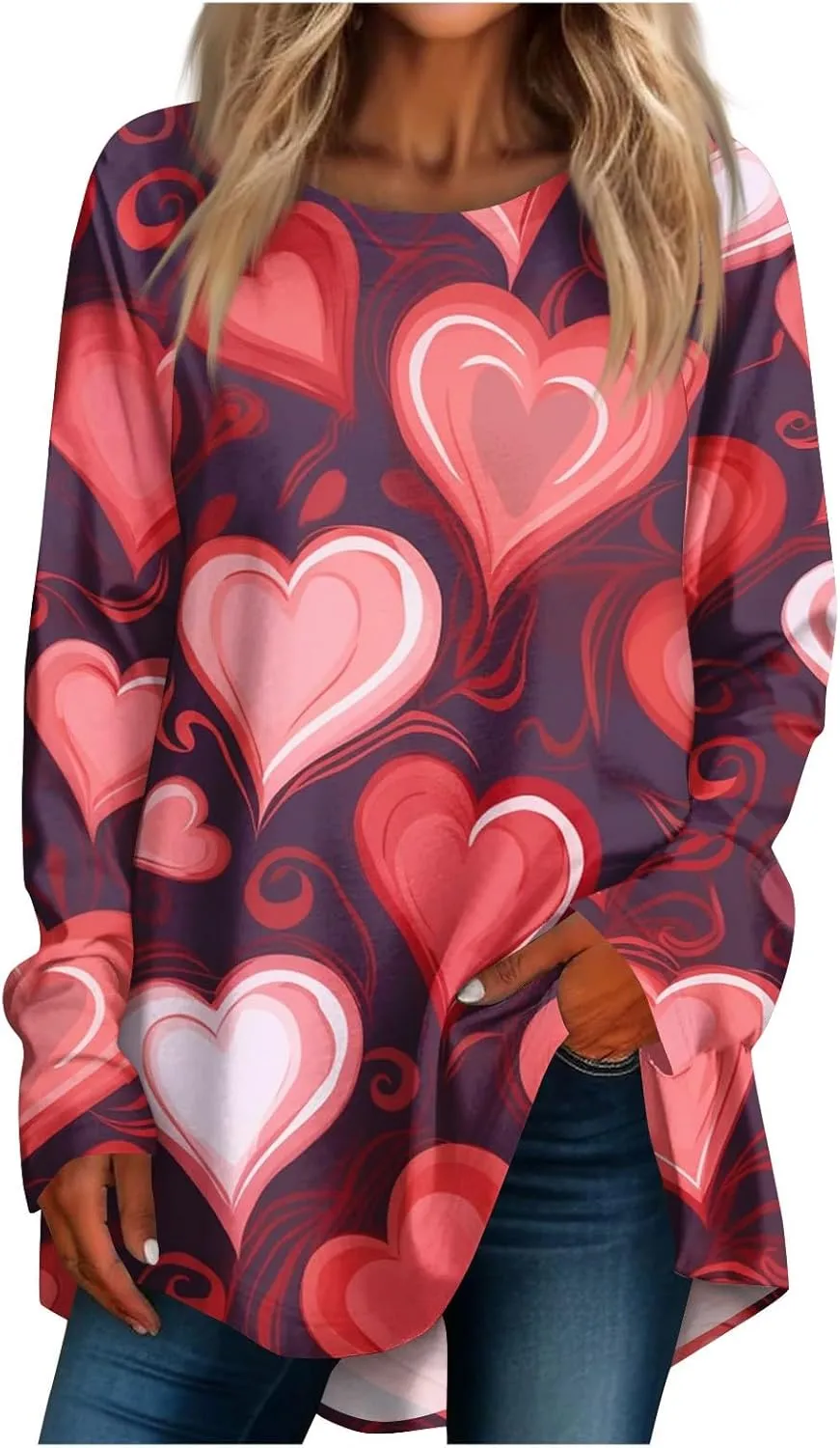 Valentines Day Tshirts Women Long Sleeve Crewneck Loose Fit Heart Tops Soft Comfy Holiday Graphic Tees