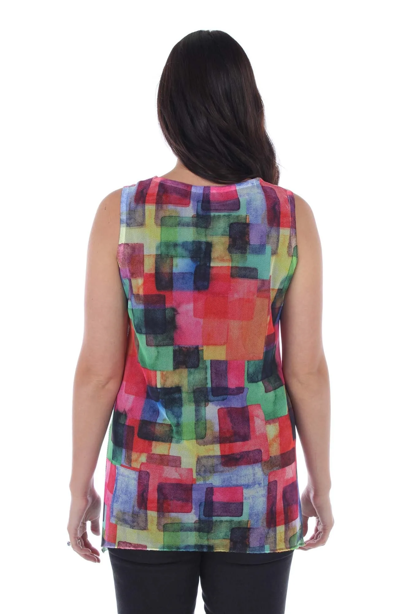 Vibrant Geometric Square Printed Mesh Sleeveless Blouse